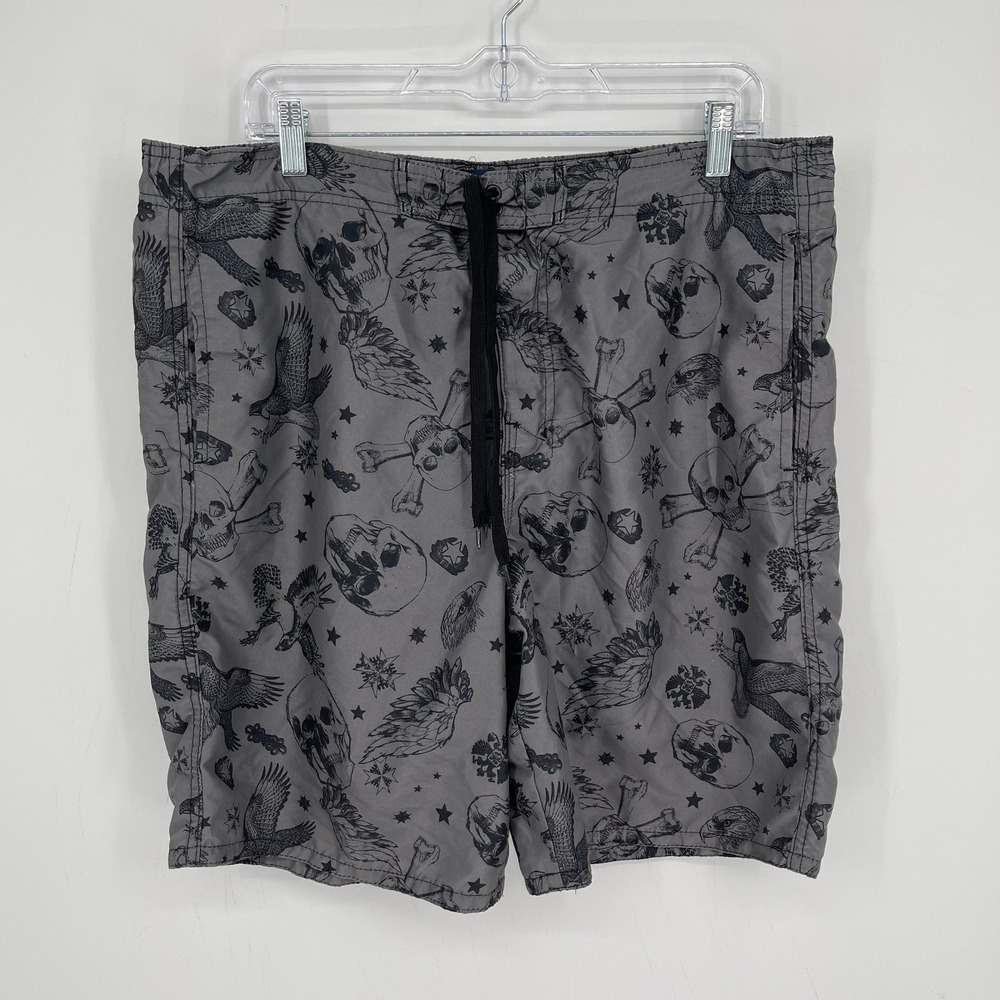 Route 66 Men's Gray Skull Eagle Print Punk Swim Trunks Board Shorts Size L